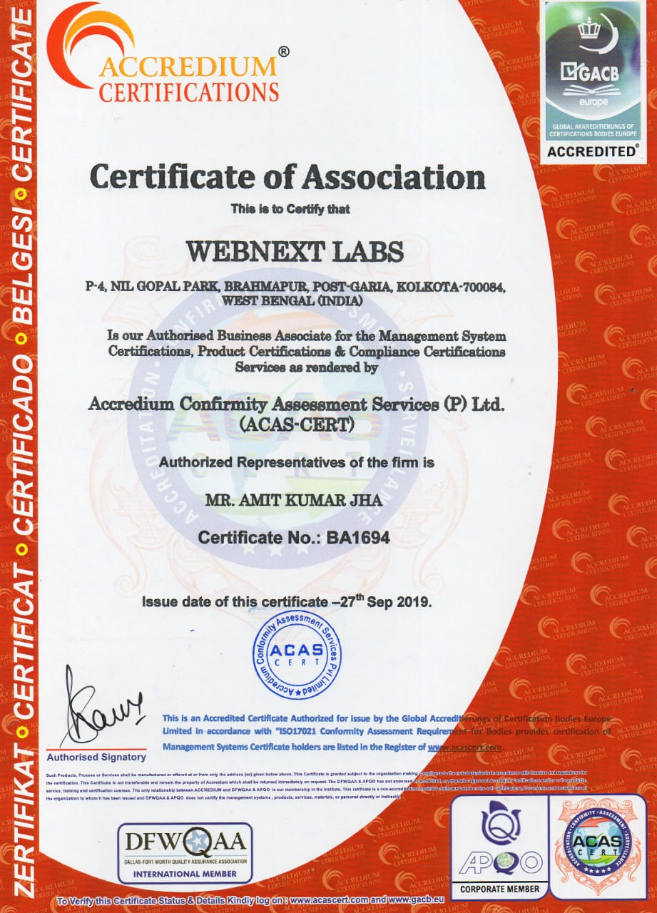 Trade certificate of WEBNext Labs&trade;