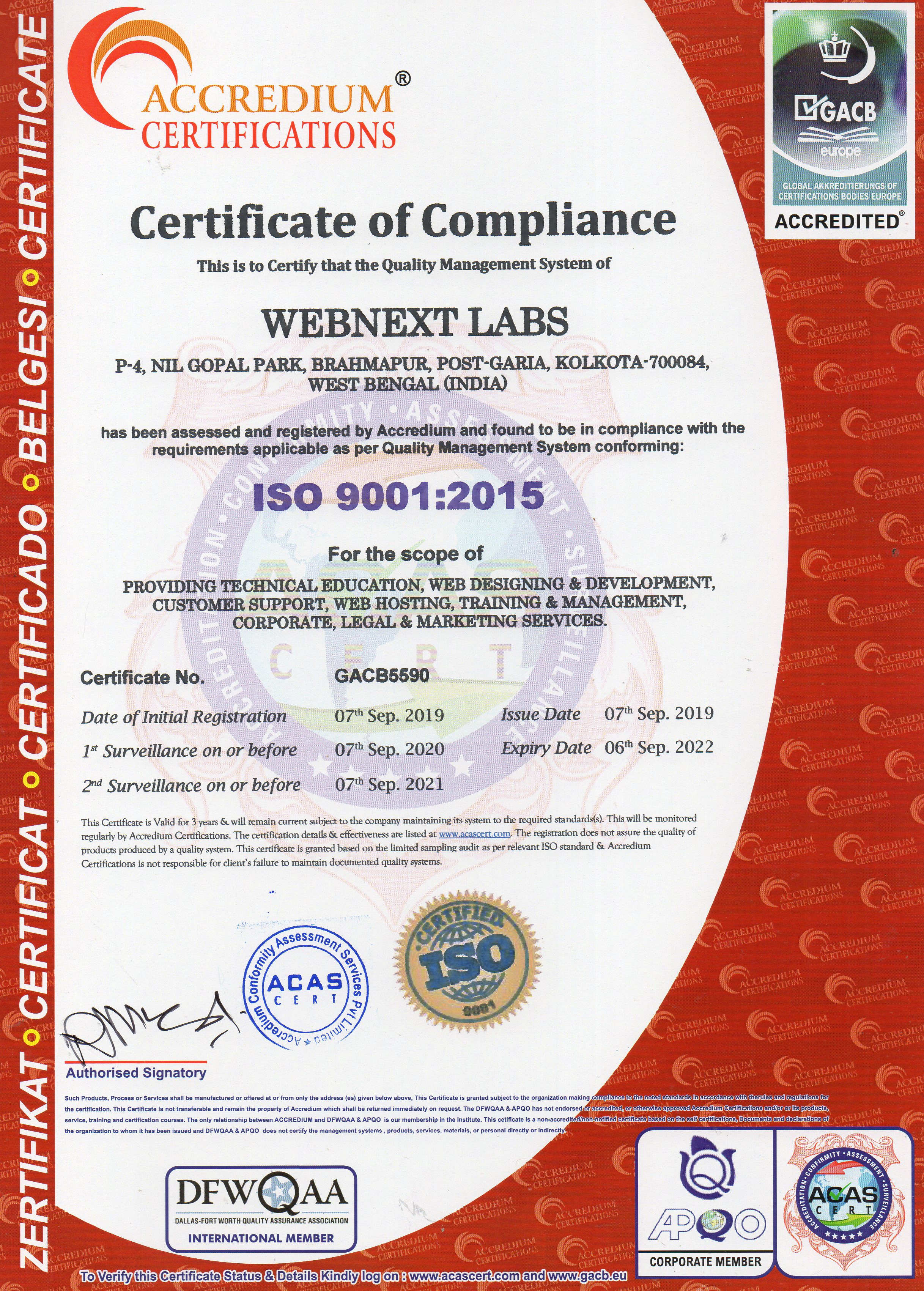 ISO 9001:2015 certificate of WEBNext Labs&trade;