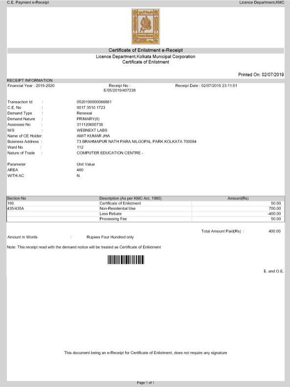 Trade certificate of WEBNext Labs&trade;